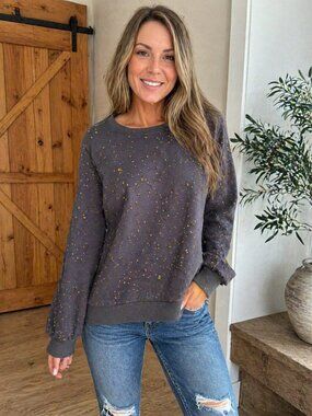 Mystree Star Speckled Sweatshirt | Grey & Mustard Dot Knit Top | Size Small NWT